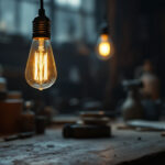 A photograph of a vintage light bulb glowing warmly in a dimly lit workshop