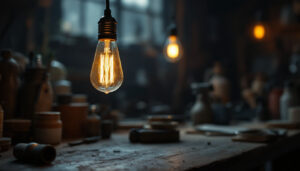 A photograph of a vintage light bulb glowing warmly in a dimly lit workshop