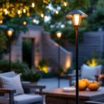 A photograph of a well-lit outdoor patio scene featuring a stylish light pole