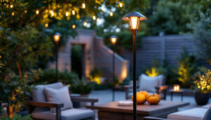 A photograph of a well-lit outdoor patio scene featuring a stylish light pole