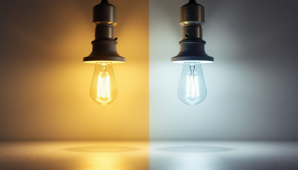 A photograph of a side-by-side comparison of hid and led lamps in a well-lit installation setting