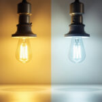 A photograph of a side-by-side comparison of hid and led lamps in a well-lit installation setting