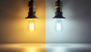A photograph of a side-by-side comparison of hid and led lamps in a well-lit installation setting