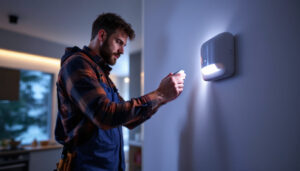 A photograph of a lighting contractor installing an indoor motion sensor in a modern home setting