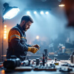 A photograph of a lighting contractor in action