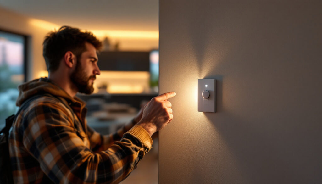 A photograph of a lighting contractor installing a stylish switch with a motion sensor in a modern residential setting