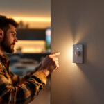 A photograph of a lighting contractor installing a stylish switch with a motion sensor in a modern residential setting