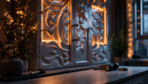 A photograph of a beautifully designed cabinet illuminated by soft led lights