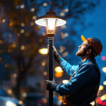 A photograph of a skilled lighting contractor installing a modern lamp pole light in an urban setting