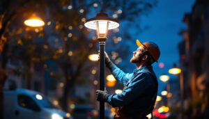 A photograph of a skilled lighting contractor installing a modern lamp pole light in an urban setting