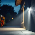 A photograph of a well-lit outdoor area featuring motion sensor security lights in action