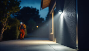 A photograph of a well-lit outdoor area featuring motion sensor security lights in action