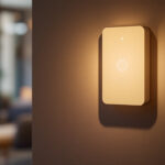 A photograph of a modern movement-sensitive light switch installed in a stylish home setting