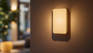 A photograph of a modern movement-sensitive light switch installed in a stylish home setting