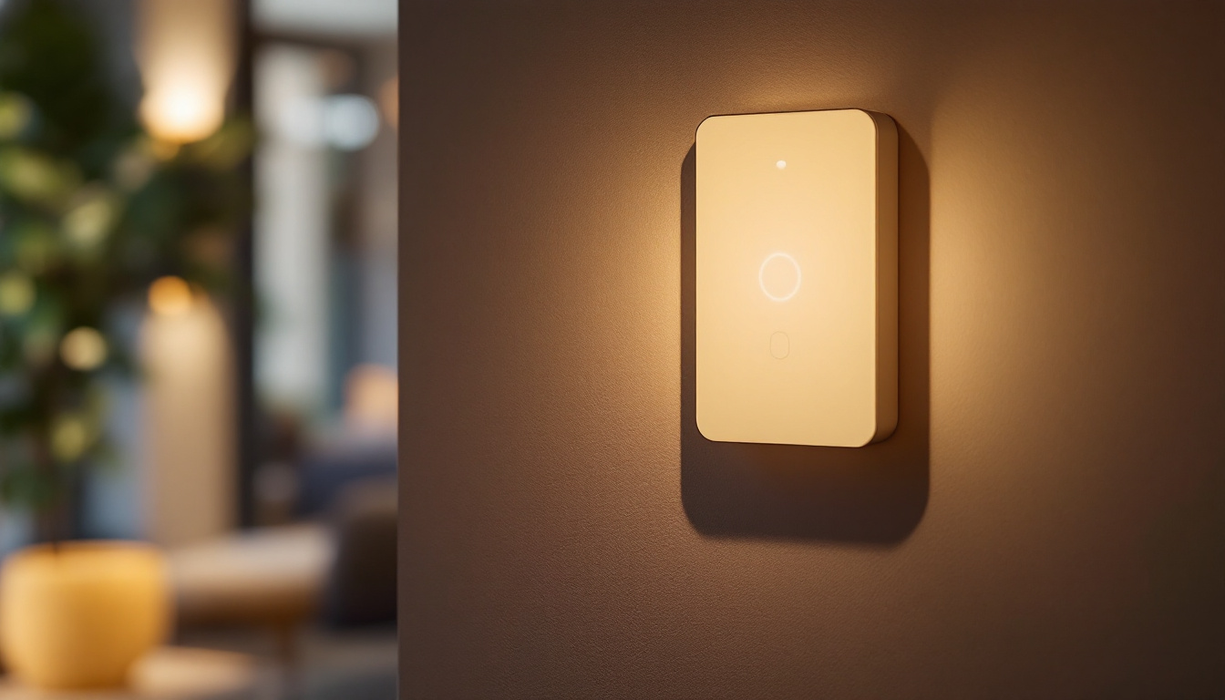 A photograph of a modern movement-sensitive light switch installed in a stylish home setting