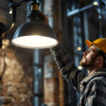 A photograph of a lighting contractor in action