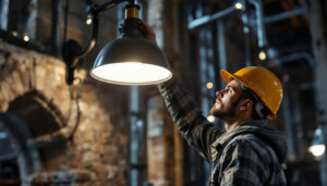 A photograph of a lighting contractor in action