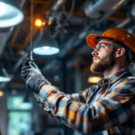 A photograph of a skilled lighting contractor at work