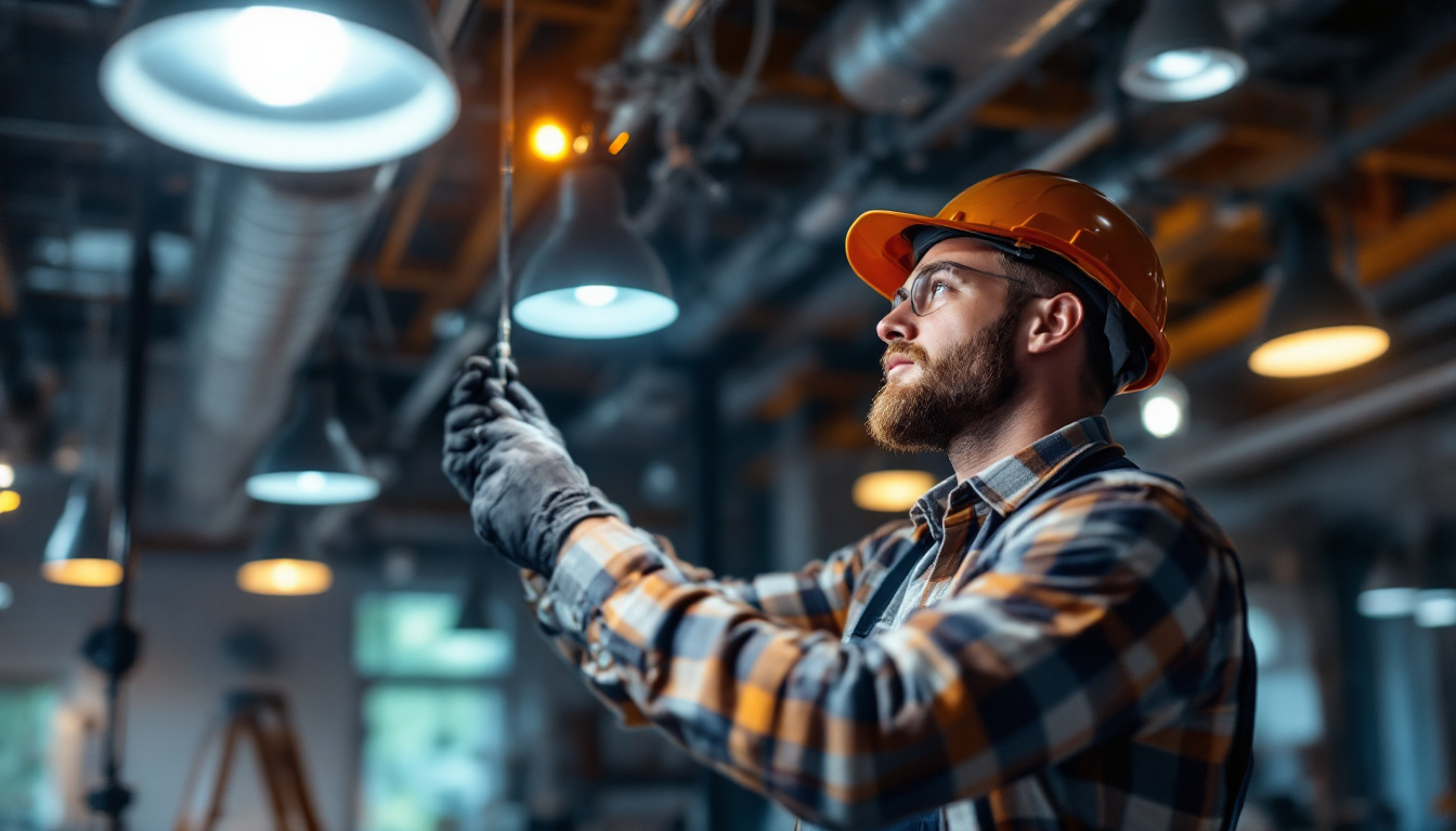 A photograph of a skilled lighting contractor at work