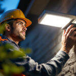 A photograph of a skilled lighting contractor installing or adjusting a modern led security light on a residential or commercial property