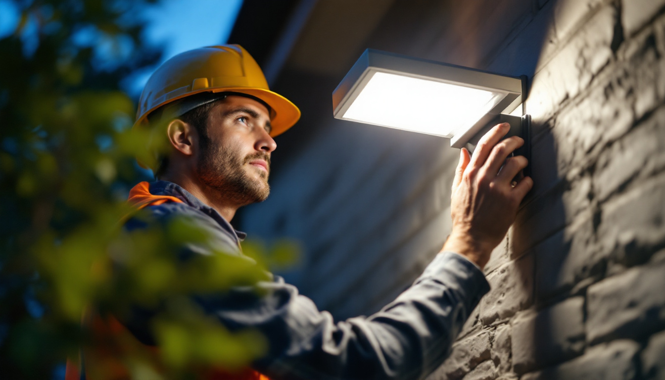 A photograph of a skilled lighting contractor installing or adjusting a modern led security light on a residential or commercial property