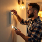 A photograph of a lighting contractor installing an occupancy sensor switch in a residential or commercial setting
