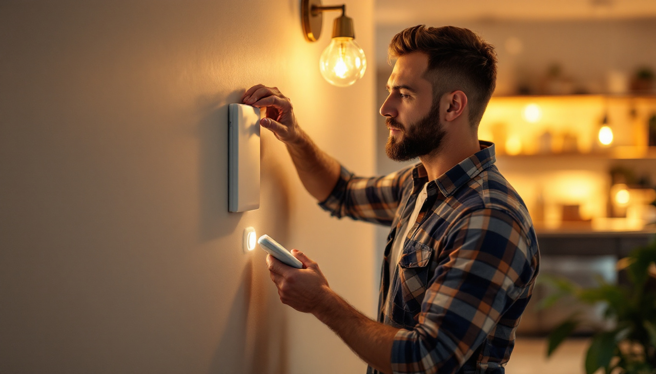 A photograph of a lighting contractor installing an occupancy sensor switch in a residential or commercial setting