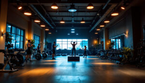 A photograph of a well-lit gym interior showcasing various lighting fixtures and their effects on the space
