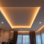 A photograph of a modern living space featuring an elegantly designed ceiling with recessed lights