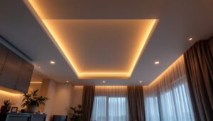 A photograph of a modern living space featuring an elegantly designed ceiling with recessed lights