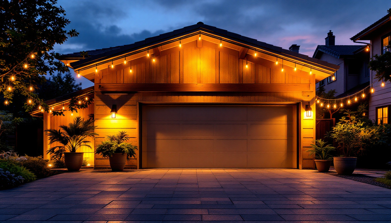 A photograph of a beautifully illuminated outdoor garage space at dusk