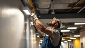 A photograph of a lighting contractor installing surface mount led lights in a modern commercial space