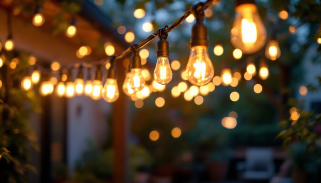 A photograph of a beautifully illuminated outdoor space adorned with led edison string lights