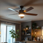 A photograph of a modern living space featuring a stylish ceiling fan with integrated lighting