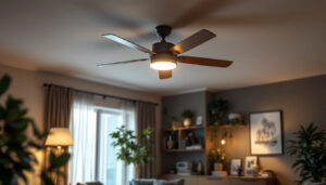 A photograph of a modern living space featuring a stylish ceiling fan with integrated lighting