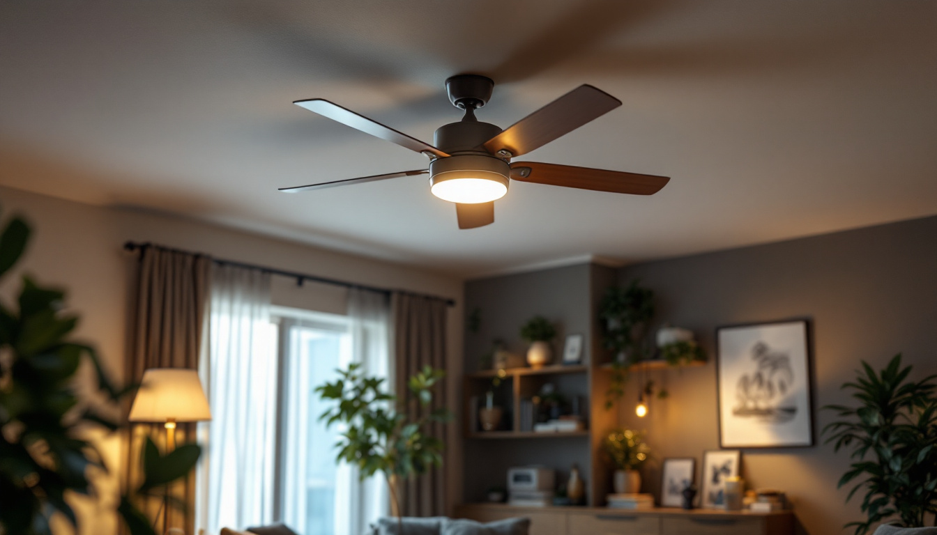 A photograph of a modern living space featuring a stylish ceiling fan with integrated lighting