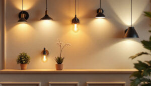 A photograph of a well-designed interior space featuring a variety of stylish wall lighting fixtures in use