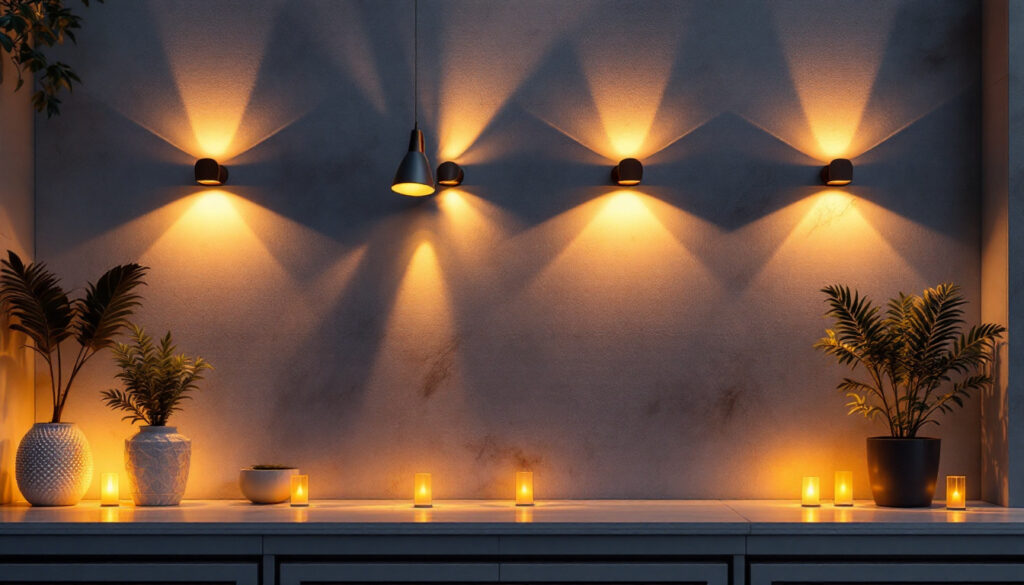 A photograph of a beautifully illuminated exterior wall featuring stylish lighting fixtures