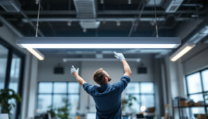 A photograph of a well-lit workspace featuring a 4 ft fluorescent light fixture installed overhead
