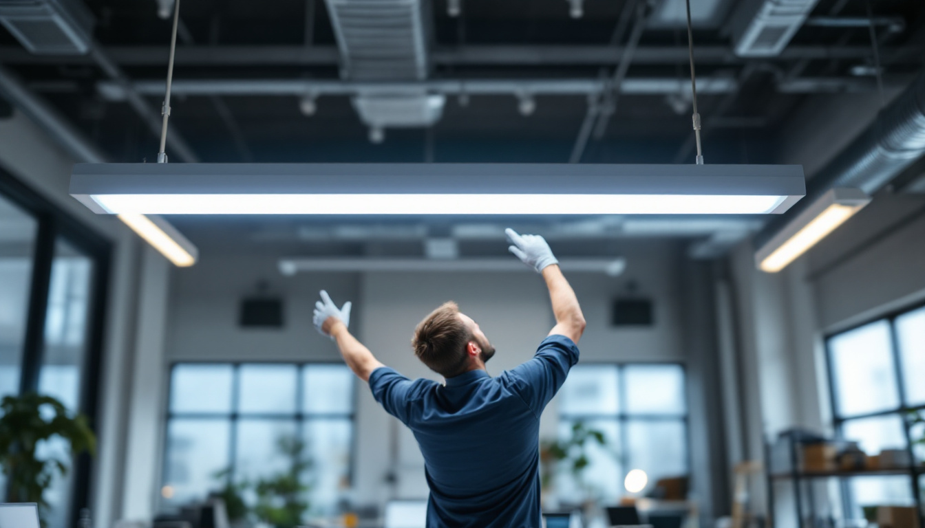 A photograph of a well-lit workspace featuring a 4 ft fluorescent light fixture installed overhead