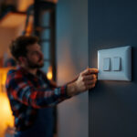 A photograph of a lighting contractor installing or inspecting a stylish wall outlet in a modern residential or commercial setting
