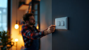 A photograph of a lighting contractor installing or inspecting a stylish wall outlet in a modern residential or commercial setting
