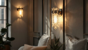 A photograph of a beautifully designed interior space featuring elegant sconces that highlight their unique design and functionality