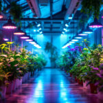 A photograph of a vibrant greenhouse interior illuminated by various types of grow lights