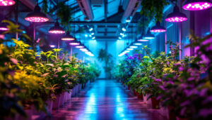 A photograph of a vibrant greenhouse interior illuminated by various types of grow lights