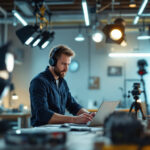 A photograph of a lighting contractor at work