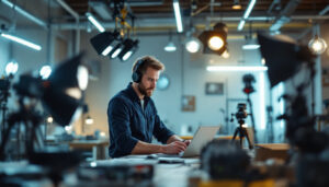 A photograph of a lighting contractor at work
