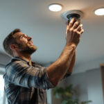 A photograph of a lighting contractor installing recessed lighting bulbs in a modern home setting