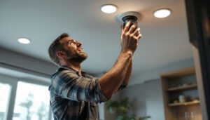 A photograph of a lighting contractor installing recessed lighting bulbs in a modern home setting