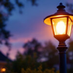 A photograph of a beautifully illuminated yard light post in a residential setting during twilight